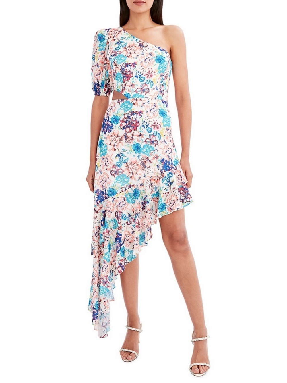 BCBGeneration One-Shoulder Floral Asymmetric Dress in Blue, Pink and Cream